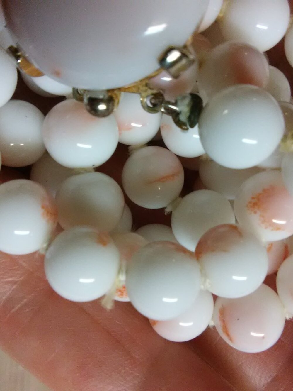Castlecliff milk glass two strand necklace - white beads w/ pink / blush spots - Picture 12 of 14